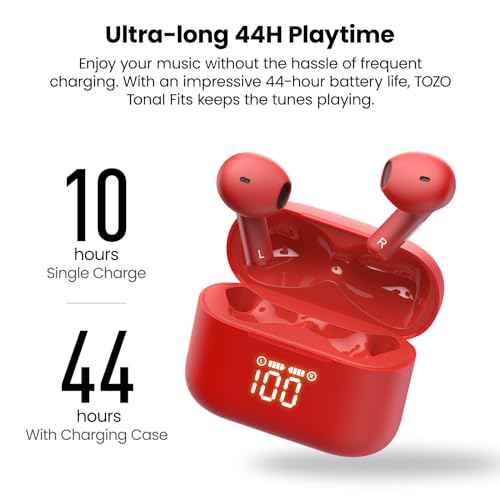 TOZO T21 Wireless Earbuds Bluetooth 5.3 in Ear Headphones Dual Mic Call Noise Cancelling IPX8 Waterproof 44H Playback Stereo Sound with LED Display Wireless Charging Case 32 EQs via APP Red