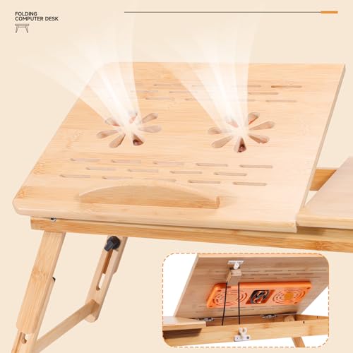 Adjustable Bamboo Laptop Desk with Cooling Fan, Foldable Bed Tray for Work & Dining