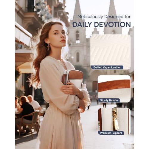 Quilted Vegan Leather Bible Cover, Color-Blocked Bible Cover Case for Women, Large Bible Carrying Case with Handle, Bible Study Supplies & Christian Gift for Women (White & Brown, M/L)