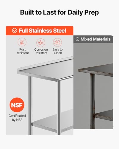 VEVOR Stainless Steel 24x48 inch Food Prep Table with Wheels, Undershelf, 30mm Backsplash