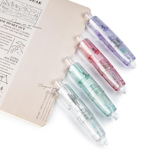 HOPESEER White Retractable Correction Tape, 4PCS Correction Dispensers Pre-Loaded, Cute Pull-Out Pen-Shaped Applicator, Anti-Break Tape for Office Supplies (Transparent, Green, Pink, Purple)