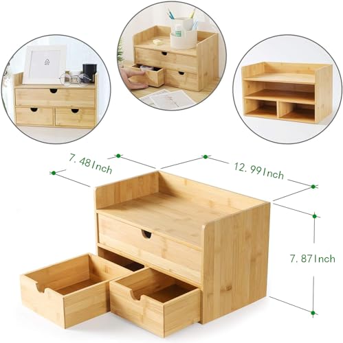 Wisuce Bamboo Desk Organizer with Shelf & 3 Drawers - Office Storage