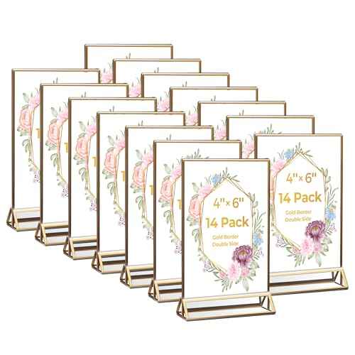 14 Pack Acrylic Sign Holder 4x6 Gold Frames, Wedding Table Number Holders Double Sided Vertical Clear Display Stand, Picture Holders for Tables, Menus, Flyers, Party and Office Decor
