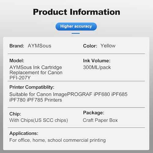 PFI-207 Ink Cartridge Replacement for Canon PFI207 PFI-207Y 8792B001 for CanoniPF680 iPF685 iPF780 iPF785 Printers (Yellow 300ML)