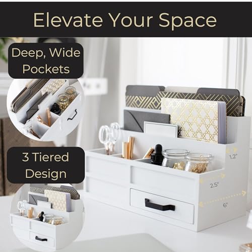 BLU MONACO White Desktop Organizer with Drawer ? Paper Wood Bill & Mail Organizer for Office Desk, Countertop & Workspace Storage