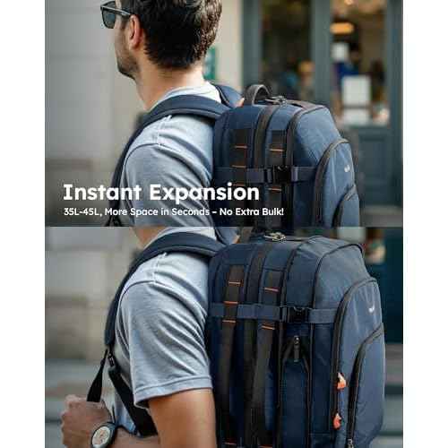 Tolaccea Travel Backpack, TSA Friendly Flight Approved Carry-on Luggage Water-resistant Business Rucksack, Durable Large Computer Bag Daypack Fits 15.6 Inch Laptop, 35-45L Expandable - Navy