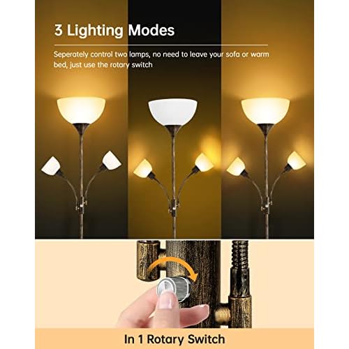 Floor Lamp, Torchiere Floor Lamps for Living Room, 71 Inch Tall Standing Lamp, Bedroom Lamps with Gooseneck Light, Rotary Switch, 3 Plastic Lampshade, Torch Floor lamps for Bedroom (Bronze, No Bulb)