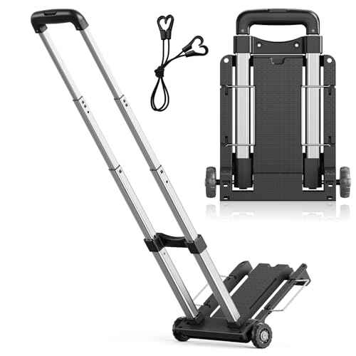 Mini Small Folding Hand Truck Dolly with 2 Tank Wheels, Expandable Base Plate Utility Luggage Cart with 1 Elastic Ropes, Portable Dolly Cart for School Travel Office Moving