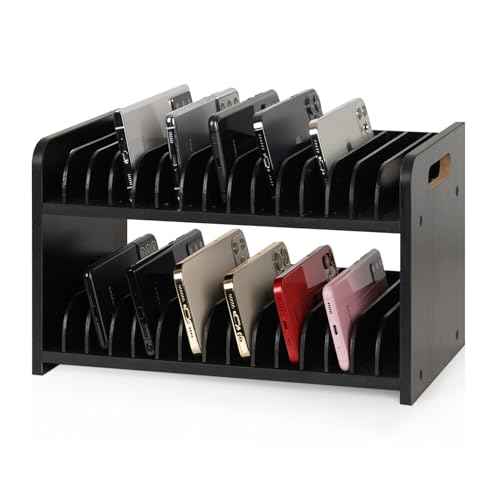 Cell Phone Storage Classroom Cell Phone Holder Adjustable Wooden Multiple Rack Caddy Organizer Box for Classroom Office Desktop with 1-30 Number Stickers (30-Grid) (Black)