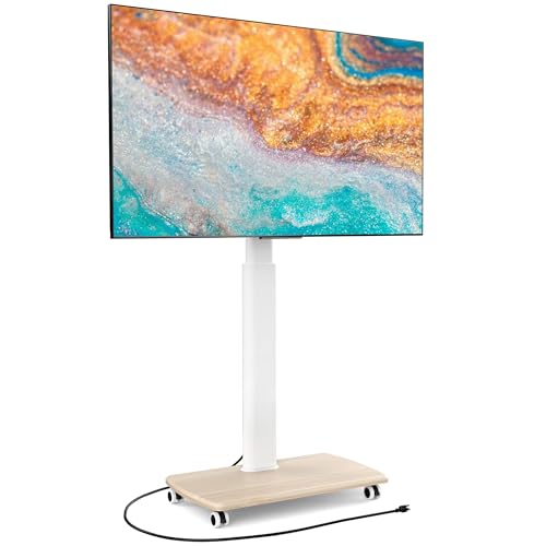 FITUEYES Ivory White Rolling TV Stand with Power Outlets for 32-75 Inch TVs (ETL) – Height Adjustable, 60° Swivel