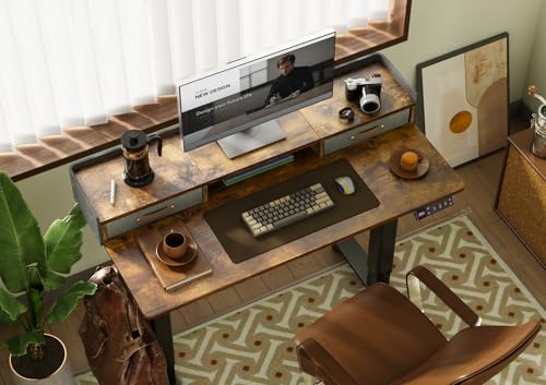 Claiks Rustic Brown 48 Inch Standing Desk with Drawers & Wheels - 47.2x23.6 Adjustable Height
