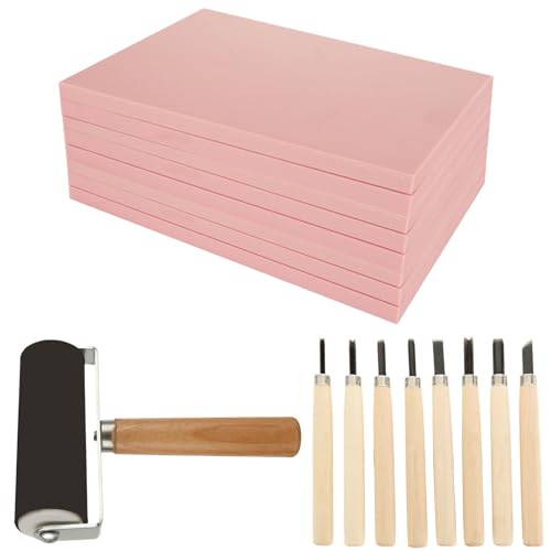 10 Pack Rubber Stamp Making Kit - Block Printing Kit£¬Linoleum Carving Tools with 8 Type Blades, 8 Pcs Pink Rubber Carving Block and Rubber Brayer Roller