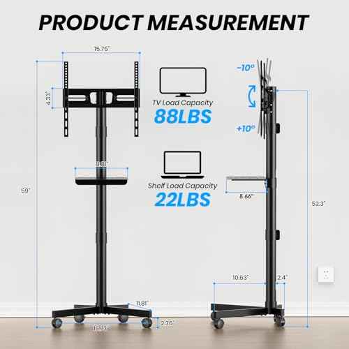 Mobile TV Cart for 23-60 Inch LCD LED OLED Flat Curved Screen TVs - Height Adjustable Rolling Floor Stand with Shelf and Locking Wheels - Up to 88lbs, Max VESA 400x400mm
