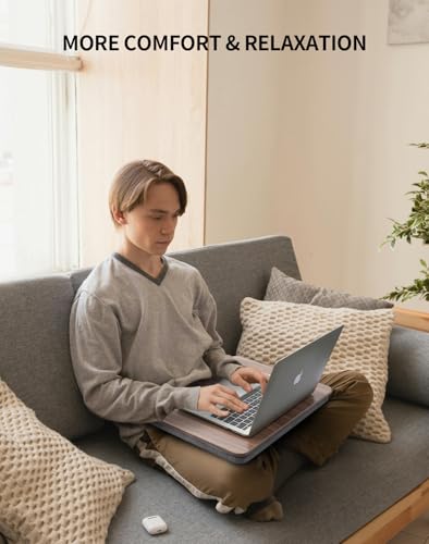 ZEAPTAC Dark Brown Wood Portable Lap Laptop Desk with Pillow Cushion, Fits 15.6 Inch, Bed & Couch Stand
