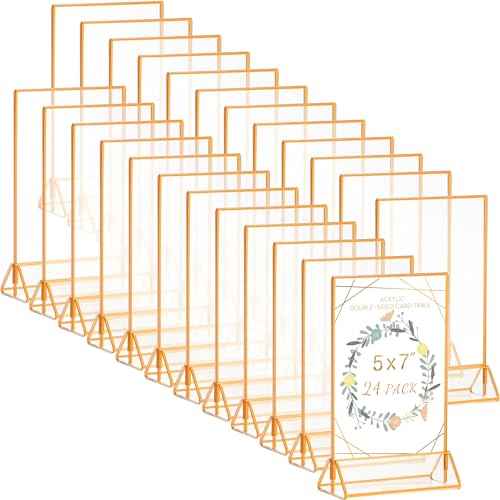 Acrylic Gold Sign Holder,Wedding Table Numbers Picture Frames, Double Sided Menu Holders Picture Frames for Restaurants, Home, Photo Frames, Store (5" x 7"- 24 Pack)