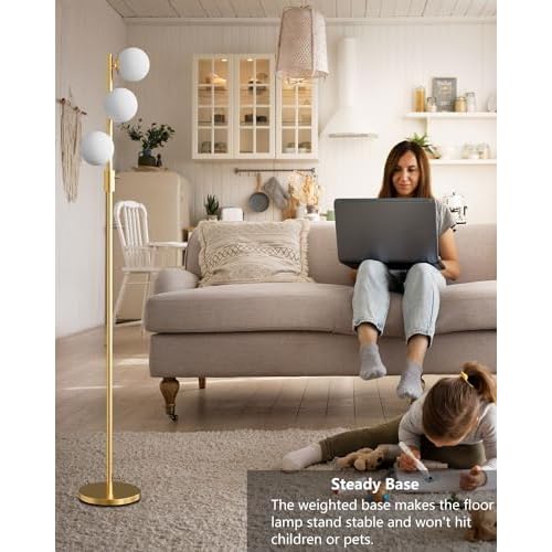 FAITHSAIL 3 Globe Mid Century Floor Lamp, Dimmable Modern Standing Lamp with PC Shade & 3pcs Warm White LED Bulbs, Gold Tall Tree Lamp for Living Room, Bedroom
