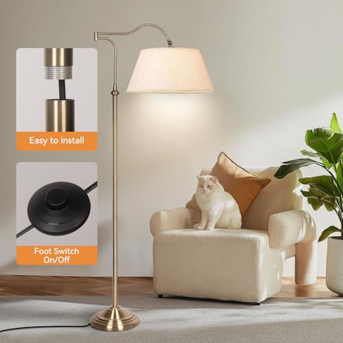 Swing Arm Floor Lamp, Brass Floor Lamps for Living Room with 180¡Æ Adjustable Cantilever, Beige Linen Lampshade, Mid Century Floor Lamp for Bedroom Office Home Nursery Study Room Hotel(Bronze)