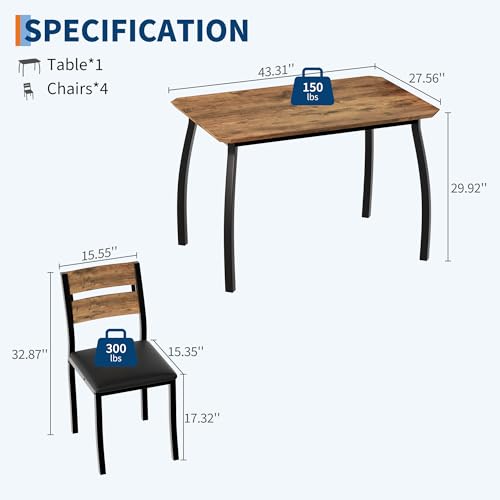 Garvee Retro Dining Table Set for 4 in Modern Metal & Wood with Cushioned Chairs – 1 Table & 4 Chairs