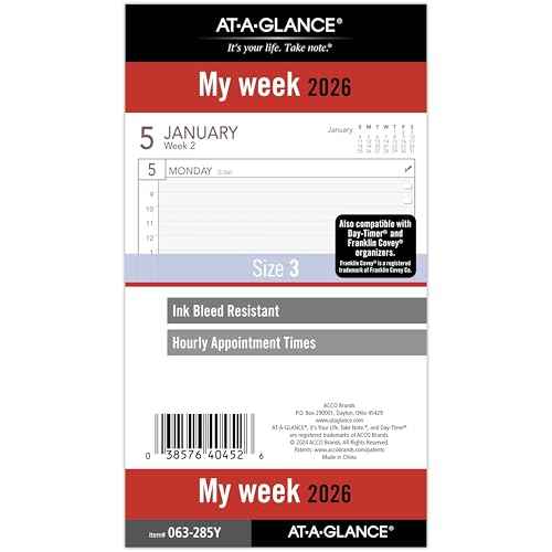AT-A-GLANCE 2026 Planner Refill, Weekly, 3-3/4" x 6-3/4", Portable Size 3 Loose-Leaf (063-285Y-26)