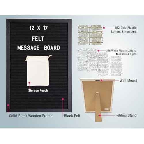 Real Wood Framed Felt Letter Board, Changeable Message Board, 12" x 17", Folding Stand and Wall Mount, 500+ Pieces of White & Gold Letters, Numbers &Words, by Better Office Products (Black/Black)
