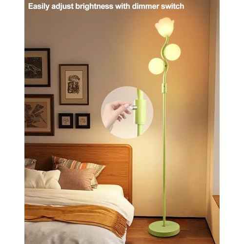 Lightdot Dimmable Green Floor Lamp, Mid Century Standing Lamps with 1 Flower & 2Globe Lampshades & 3PCS Warm White 3000K Bulbs Included, Modern Tall Lamp for Living Room