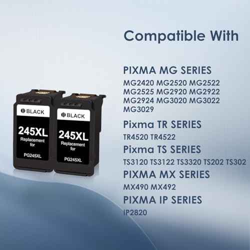 PG-245XL Black Ink Cartridges Replacement for Canon 245XL Ink for PIXMA MG2420 MG2520 MG2522 MG2920 MG2922 MG3029 TS202 TS3122 TR4520 TR4522 Printer (2 Black)