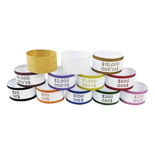 600pcs Money Bands for Cash - Self-Adhesive Money Wrappers for Bills, Currency Straps in 12 ABA Standard Colors, Ideal for Banks, Restaurants and Businesses (50 per Band)