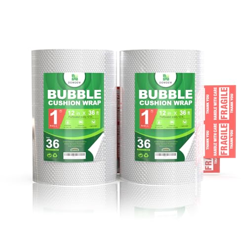 [72 Total Feet] Perforated Bubble Wrap Roll [2 Pack - 12inch x 36ft Rolls] Cushioning Packing Wrap for Moving Shipping Packaging with 10 Fragile Stickers, Clear