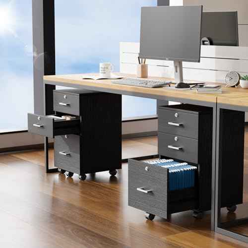 VINGLI 3-Drawer File Cabinet with Lock, Wood Rolling Filing Cabinets for Home Office, Mobile Printer Stand, Under Desk File Organizer for Letter Sized Files, 26" H(Caster Included), Black