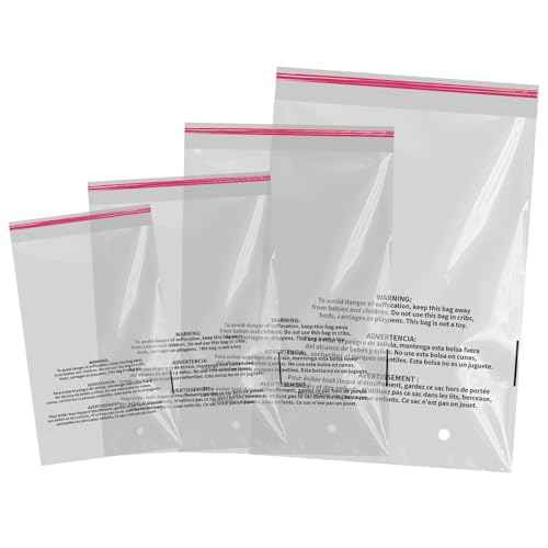 MFLABEL 400-Count Poly Bag Combo Pack (6x9,8x10,9x12,11x14) | Safety-Sealed Clear Plastic Bags with 3-Language Warnings + Hanging Holes | Industrial Strength Shipping Supplies