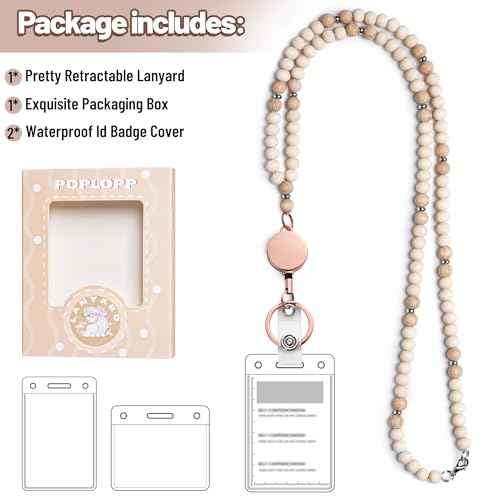 POPLOPP Lanyards for Id Badges for Women, Cute Teacher Lanyard with ID Holder and Retractable Badge Reel for Keys, Wooden Beaded Keychain Lanyard