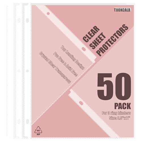 50 Pack Clear Sheet Protectors for 3 Ring Binder, Polypropylene Acid-Free Material, 8.5 x 11 Inch Letter Size, Protector of Your Documents