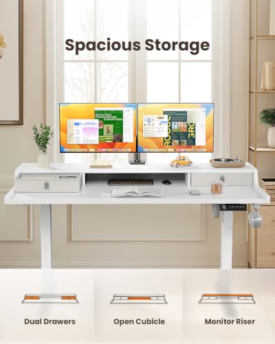 ErGear White 40x24-Inch Electric Standing Desk with Drawers & Monitor Stand