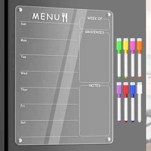Acrylic Menu Board for Kitchen Weekly Meal Planner Magnetic Planning Board w/ 8 Markers, Clear Weekly Calendar for Fridge Refrigerator Dry Erase Board Noteboard to Do Grocery Shopping List, 12x9¡¯¡¯