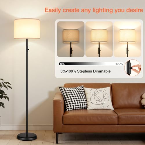 Yemela Matte Black Floor Lamp with Beige Linen Shade - Dimmable Tall Standing Light for Living Room & Bedroom
