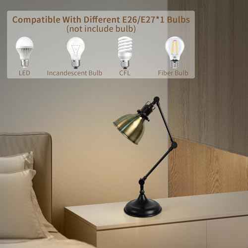 Desk Lamp for Home Office, Desk Light with Adjustable Multi-Joint Metal Swing Arms Table Lamp, Industrial Table Light for for Home Office, Work, Study, Reading, E26 Base (Antique Brass)