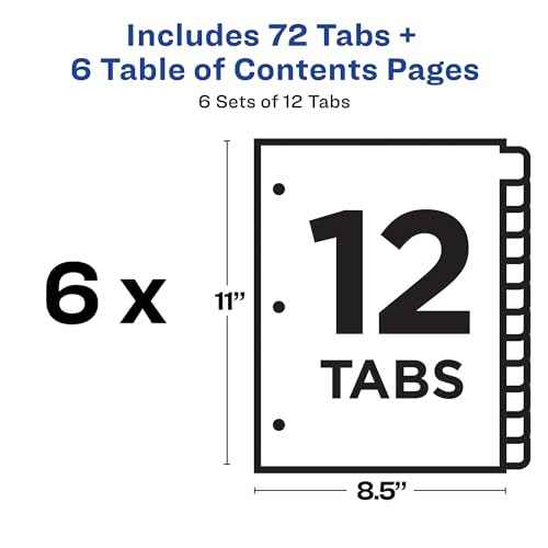 Avery 12 Tab Dividers for 3 Ring Binders, Customizable Table of Contents, Multicolor Tabs, 6 Sets (11196)