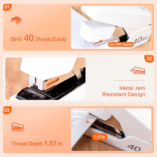Deli Stapler, Effortless Staplers for Desk, 40 Sheet Capacity Heavy Duty, One Touch, No Effort, Easy to Load, with 2000 Staples & Staple Remover, 6 Pack, Black&White