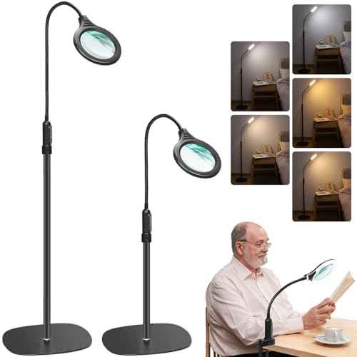 10X Magnifying Glass with Light and Stand, Flexible Gooseneck Magnifying Floor Lamp with Light, 3-in-1 LED 5 Color Modes, Stepless Dimmable Lighted Magnifier Hands Free for Close Work, Craft, Reading
