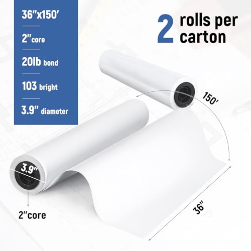 36" x 150' Wide Format Plotter Paper 2 Rolls, Goefun 20lb CAD Inkjet Paper Rolls 2" Core for CAD Printing on Plotter Printers