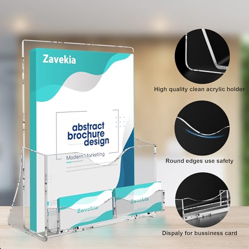 zavekia 2 Pack Acrylic Brochure Holder With business card holder, 8.5 x 11 inches Clear Acrylic Literature Holder Plastic Flyer Display Stand