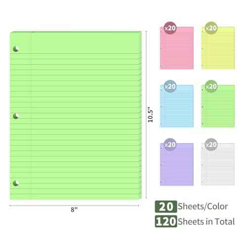 120 Sheets Loose Leaf Binder Paper, 6-Color Wide Ruled Lined Paper, 8¡± x 10.5¡±, 3-Hole Punched Notebook Paper Writing Paper for School Office