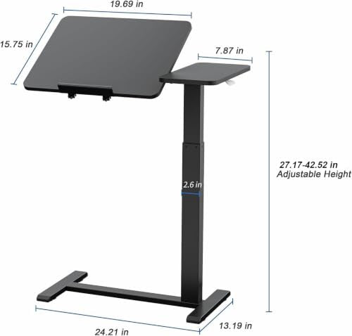 Ywin Black 27.6 x 15.8 Overbed Table with Hidden Wheels, Pneumatic Lift, Flip-Top Desk