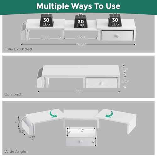 Dual Monitor Stand Riser, Adjustable Length & Swivel Angle Monitor Stand, Ergonomic Monitor Stand with Drawer & Side Pockets, Desktop Organizer and Office Desk Accessories, White