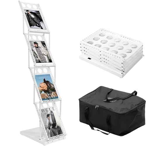 Foldable Magazine Rack with 4 Pockets, Portable Brochure Display Stand for Office, Trade Shows, and Exhibitions, Includes Carrying Bag, White