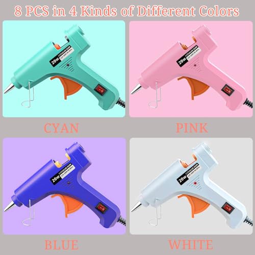 Mini Hot Glue Gun 8-Pack with 40 Sticks – 4 Colors (Blue, Pink, White, Cyan) Craft Tools