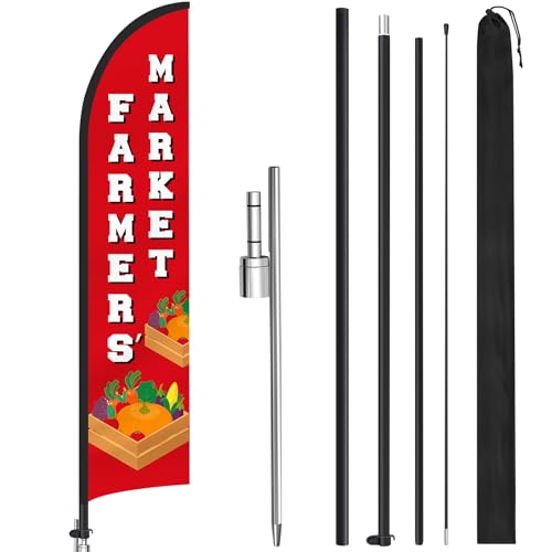 15 ft Farmers Market Advertising Feather Flag with Pole and Ground Stake, Fresh Produce Farmers Market Swooper Flag Banner Decor for Fruits Vegetables Fresh Produce Food Business Stands