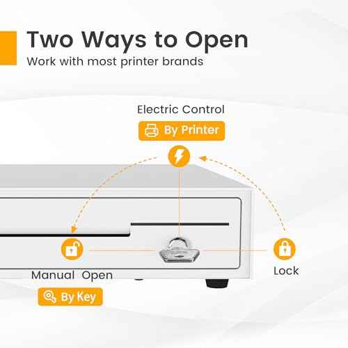 13" Cash Rigister Drawer for Small Business, 4 Bill/5 Coin with Check Slot, Steel Construction, Works with POS (Includes Keys & RJ11/12Cable) - White BK1313S