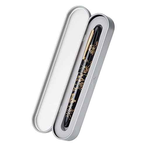 HONG DIAN Hongdian N23 Black Rabbit Fountain Pen, Long Blade Medium Nib Gold Trim, New Year Lucky Rabbit Carving Design, Smooth Writing Pen with Converter and Metal Pen Box Set