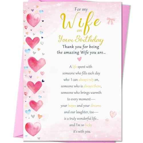 Wife Birthday Card, Sweet Birthday Cards for Wife from Husband, Happy Birthday Card for Her-8x5.3 Inches, Double-Sided, with Matching Pink Envelope